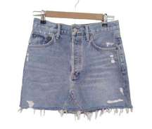 agolde light wash distressed frayed festival denim button fly mini skirt size 27