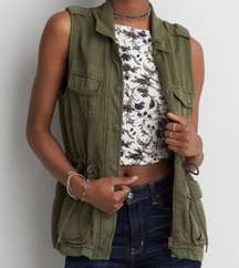 American Eagle Army Green Zip Up Utility Vest with Waist Drawstring size Small