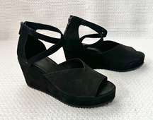 Eileen Fisher Wylee Black Suede Peep Toe Platform Wedge Heel Sandals 7