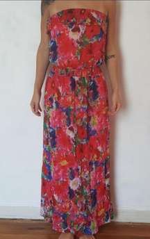 Floral Strapless Red and Multicolored Maxi Dress