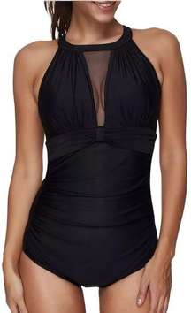 Tempt Me Black One Piece Swimsuit High Neck Plunge Ruched Tummy Control Small