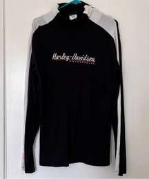 Harley Davidson Black Turtle Neck Top Sweater Lightweight Stripe Logo Embroidery