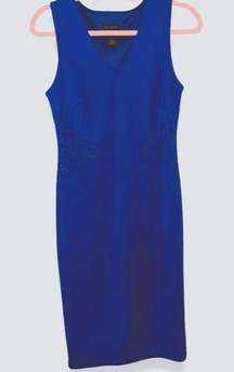 INVESTMENTS ROYAL BLUE LASER CUT V-NECK SLEEVELESS MIDI LENGTH PENCIL DRESS