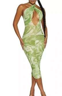 Naked Wardrobe Womens Key To Paradise Dress L Marble Olive Mesh Bodycon Cutout