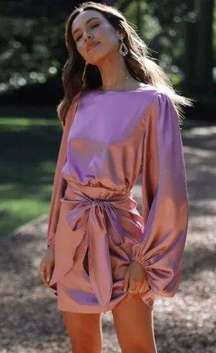 Petal & Pup Opal Mauve Purple Satin Long Balloon Sleeve Wrap Mini Dress 4