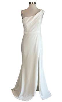 Women's Formal Dress by  Size 12 White Crepe One Shoulder Thigh Slit Gown