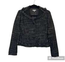 Ann Taylor Wool Blend Tweed Black Fringed Blazer Jacket Size 2 Petites