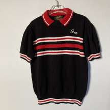 Vtg‎ Dehen Knitting Co Cheerleader Sweater Collared Black Red White Stripe Jen