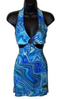🎓 Tie Dye Blue One Piece Y2K Sheer Bodycon Halter Top Dress