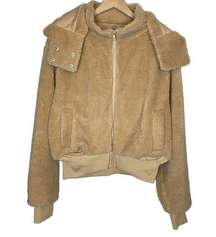 Quince Hooded Sherpa Jacket in Camel Beige Tan Full Zip, size Large