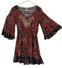 Flying Tomato womens small red paisley boho dress flare bell sleeve cute fairy b