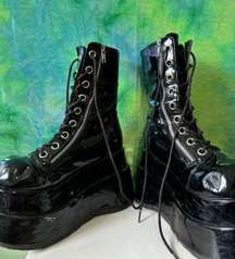 Bear-265 Shiny Black Vegan Leather Platform Boots