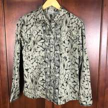 Chico's Black Gray Floral Print Embroider Long Sleeve Button Shirt