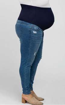 Pink blush maternity medium blue slight distressed full panel skinny ankle jeans