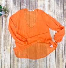 Revolve Neon Orange Split Sleeve Sheer Blouse Top