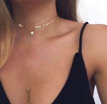 Casual gold tassel star choker necklace, dangle 