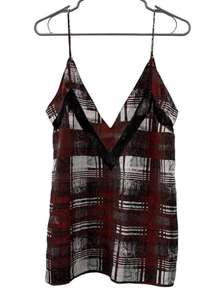 Lovers + Friends Camisole Tank Top Black Lace Red & Gray Plaid Print Size L