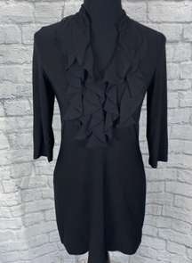 White House black market womens sz S v-cut ruffle front 3/4 Sleeve black dress 