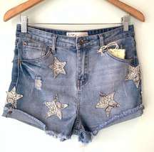 NWT Vintage Havana Star Studded Snake Print Denim Jean Shorts 27-28 Distressed