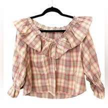 Day + Moon Ruffled‎ Cropped Blouse Off The Shoulder 100% Plaid Cotton Medium