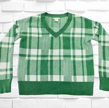 Christian Siriano New York Women’s XS Green & White Plaid V-Neck Sweater •Preppy