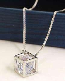 Sterling 925 Stamped Floating Diamond Box Chain Necklace 