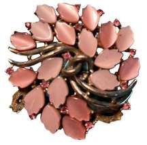 Coro designer pink moon glow Lucite thermoset gold tone spiral leaf  brooch