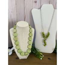 Avocado green statement necklace set- large green disc necklace and y drop green