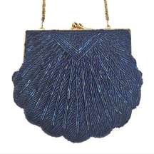 La Regale Small Blue Beaded Shell Purse Gold Crossbody Chain Vintage