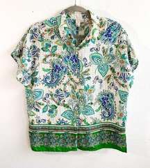 Joie Blouse White & Green Paisley Pattern Short Sleeves Button Up Top Sz S EUC