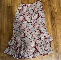 Harold’s paisley tier ruffle red midi skirt size 0