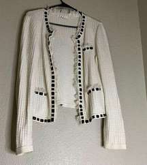 Cabi Cardigan Sweater Womens M Ivory Gabrielle #284 Beaded Ruffles Waffle Knit
