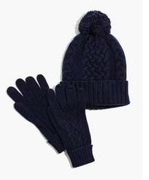 Madewell Cableknit Beanie and Gloves Gift Set Navy Blue Wool Blend