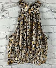 Fab’rik Women’s Halter Sleeveless Blouse Smocked Hem Floral Black Beige Gold M