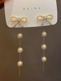 Elegant Bow White Pearl Dangle Drop Earrings for Women