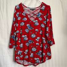 Plus Read Flower Print Flowy Shirt Women’s Size 2X