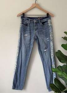 Pilcro Anthropologie Slim Boyfriend Crop Jeans Patchwork Side Leg Distressed Zip