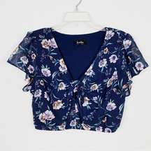 By & By Navy Floral Knotted Cropped Blouse