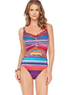 Gottex Mai Tai Striped Gold Linked One Piece Swimsuit Size 14