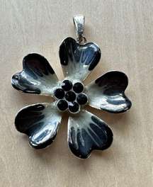 Five Petal Dark Navy Blue Flower Necklace Pendant with Black Pistil Rhinestones