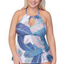 RAISINS CURVE Women's Blue Palm Print Stretch Keyhole Halter Adjustable Strappy