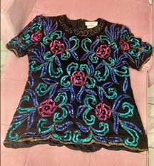 Papell Boutique Evening Beaded Silk Floral Blouse Vintage 80s Size Large