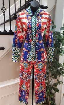 Banjul Women's Multicolor Collared Long Sleeve Blouse & Pant 2 Piece Suit Small