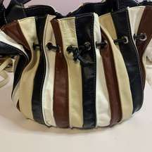 VERA PELLE ITALIAN LEATHER..BROWN & BLACK & TAN & WHITE STRIPE BUCKET  BAG