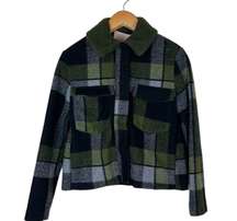 Anthropologie Sherpa Trimmed Plaid Jacket Green Black Women’s Extra Small