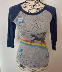 Y2K Gray & Navy Blue Baseball Shirt w/ Unicorn & Rainbow Print