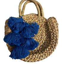 Brunna Co. Rounded Small Straw Tote Purse with Blue Tassels