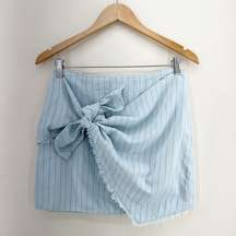 WILD HONEY | Cotton Linen Raw Edge Wrap Pinstripe Mini Skirt Light Blue Size M