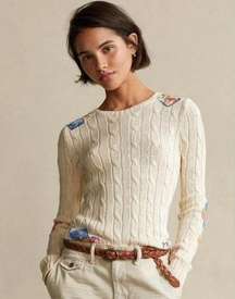 NWT, Polo Ralph Lauren Patchwork Cable Knit Cotton Sweater Crew Neck, Sz S