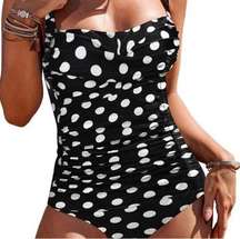 Ekouaer Black Polka Dot Ruched Tummy Control Vintage Retro Push Up Swimsuit Lg